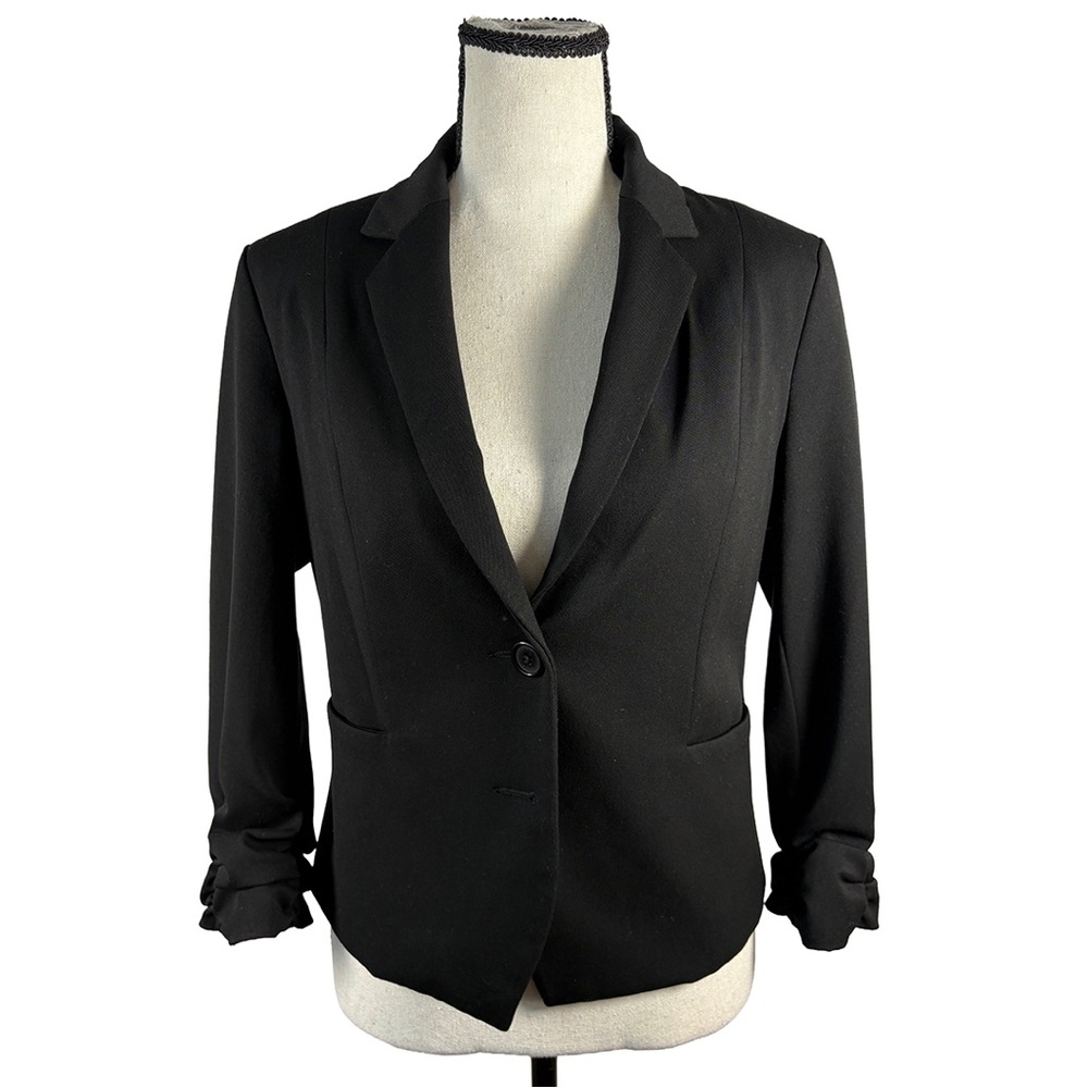 Express Ruched Sleeve Blazer – Black Tailored Office Siren Jacket